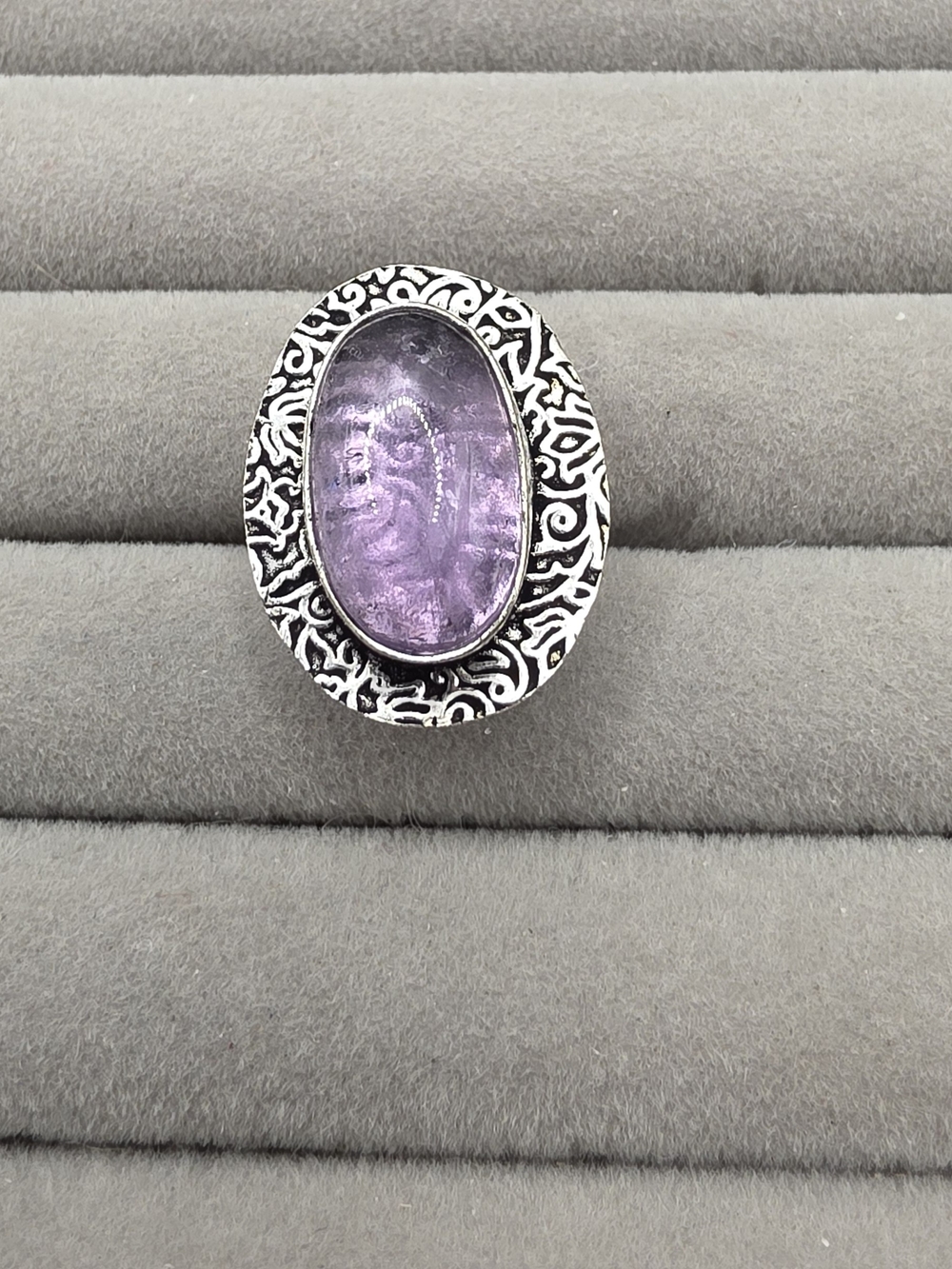 Amethyst Oval Statement Ring Size 7 1/4 with Ornate Silver Plated Setting